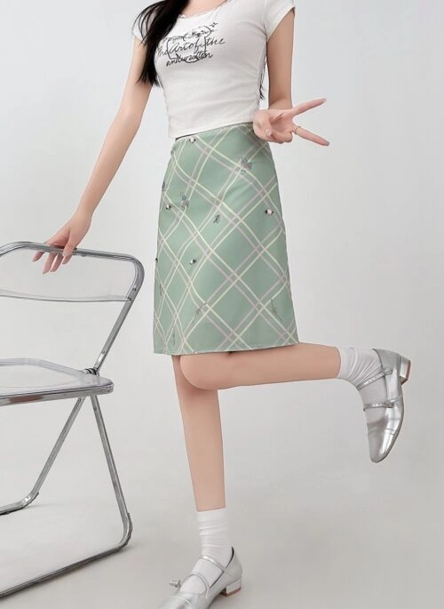 Mint Plaid High Waist Slim Fit A Line Skirt