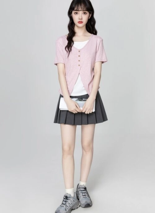 Pink Layered Design Slim Fit Short Sleeve Top