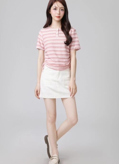 Pink Striped Drawstring Short Sleeve Top