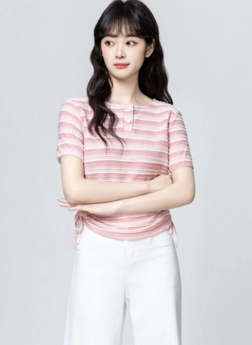 Pink Striped Ruched Short Sleeve Top
