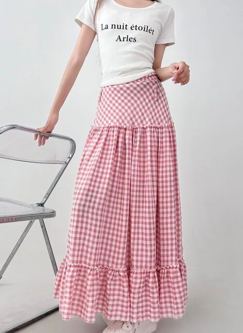 Plaid High Waist Ruffle Tiered Midi Skirt