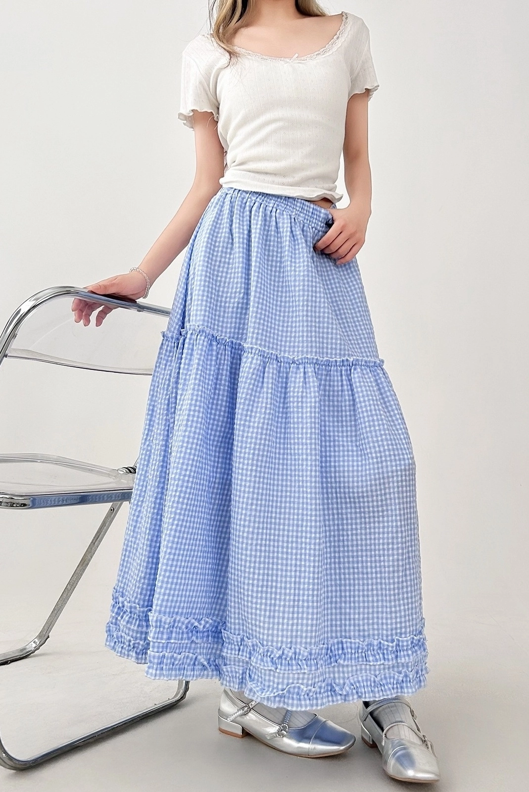 【BAON】Tour Summer Check Frill Midi Skirt Eco Kenzie Ruffle Midi Skirt | GUESS