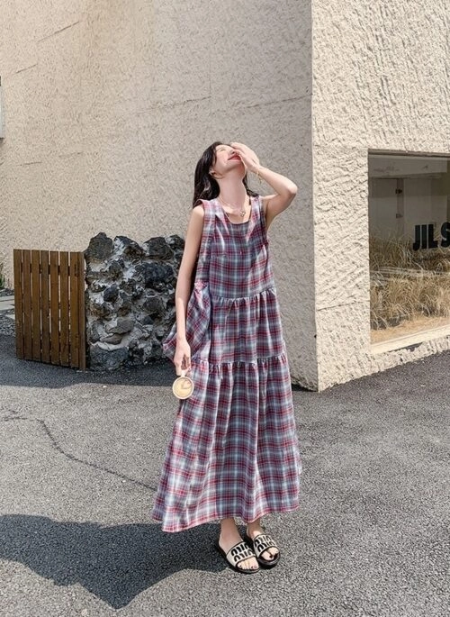 Plaid Sleeveless Casual Sweet Style Long Dress