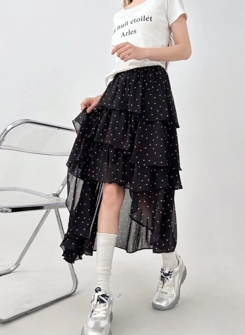 Polka Dot High Waist Mesh Midi Skirt