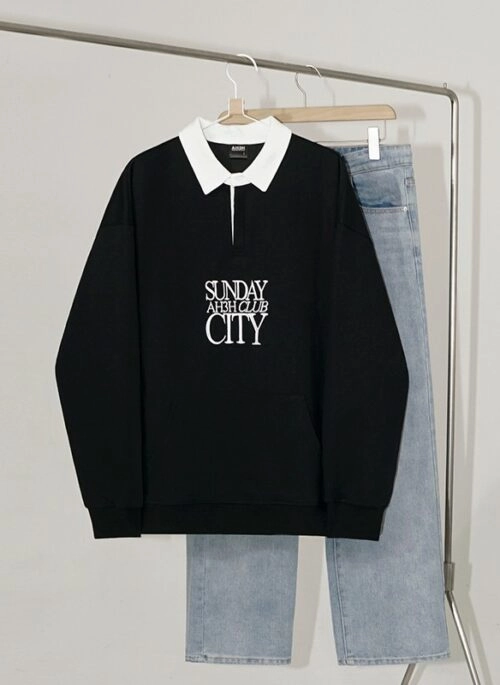 ★BTS着用★LAUL★OVER FIT STRIPE CREWNECK SHIRTS_BLACK Black Crewneck Flower Embroidery Sweatshirt | J-Hope - BTS