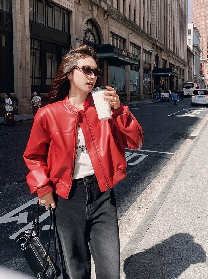 Red Faux Leather Cropped Jacket | Jennie - BlackPink - Fashion Chingu