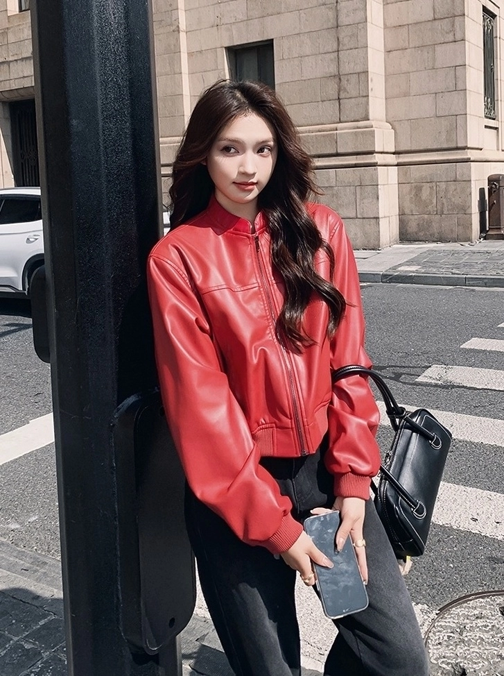 Red Faux Leather Cropped Jacket | Jennie - BlackPink - Fashion Chingu