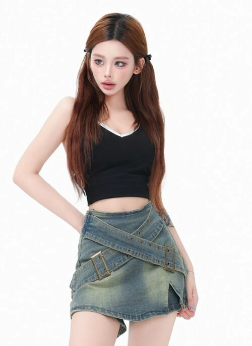 Retro Blue Crossed Wide Belt Denim Skirt | Chisa – XG