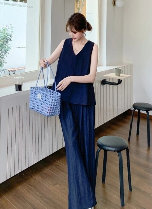 Retro Sleeveless Top And Wide Leg Pants Set