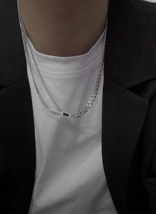 Silver Double Chain Black Charm Necklace | Changbin – Stray Kids