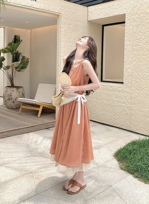 Soft Pink Plaid Sleeveless Dress Summer Style