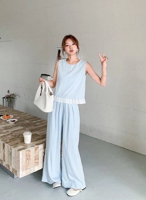 Sweet Blue Ruffle Trim Tank And Wideleg Pants Set