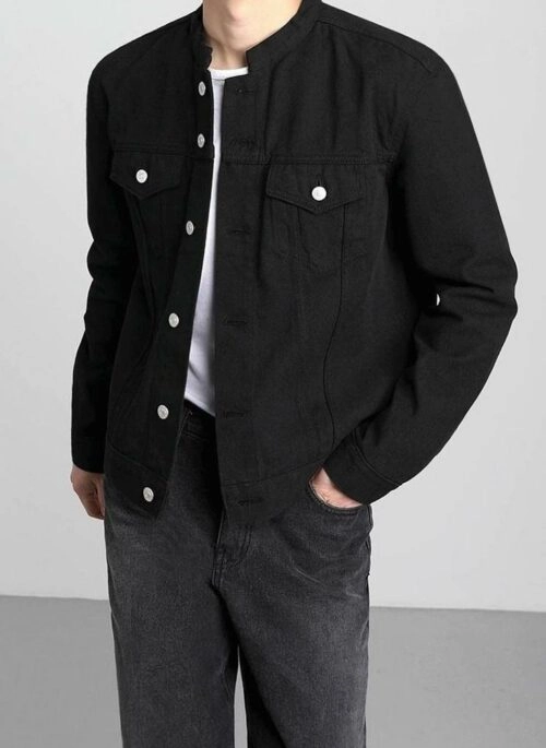 Vintage Denim Jacket With Stand Collar
