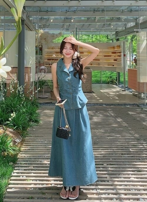Vintage Denim Short Sleeve Shirt Skirt Set