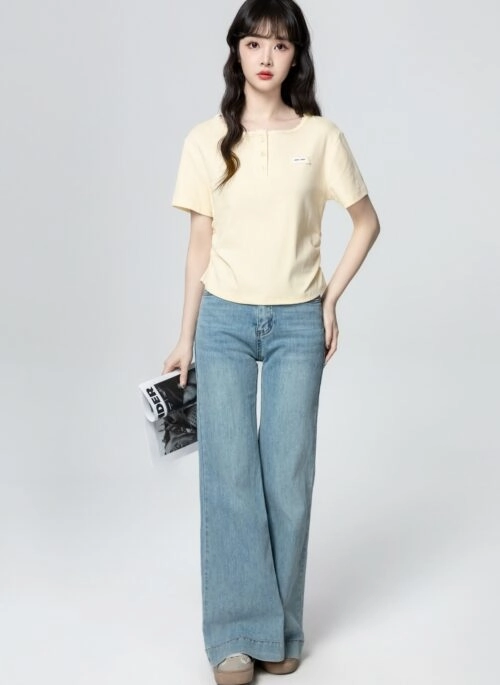 Yellow Lace Trim Ruched Short Sleeve Top
