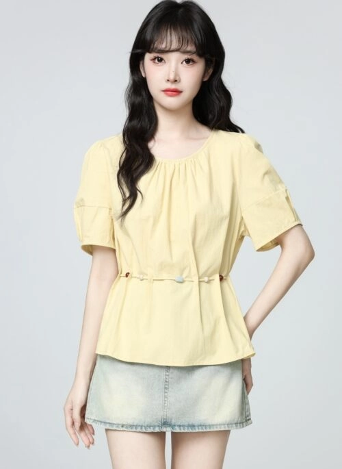 Yellow Puff Sleeve Tie Waist Short Sleeve Blouse