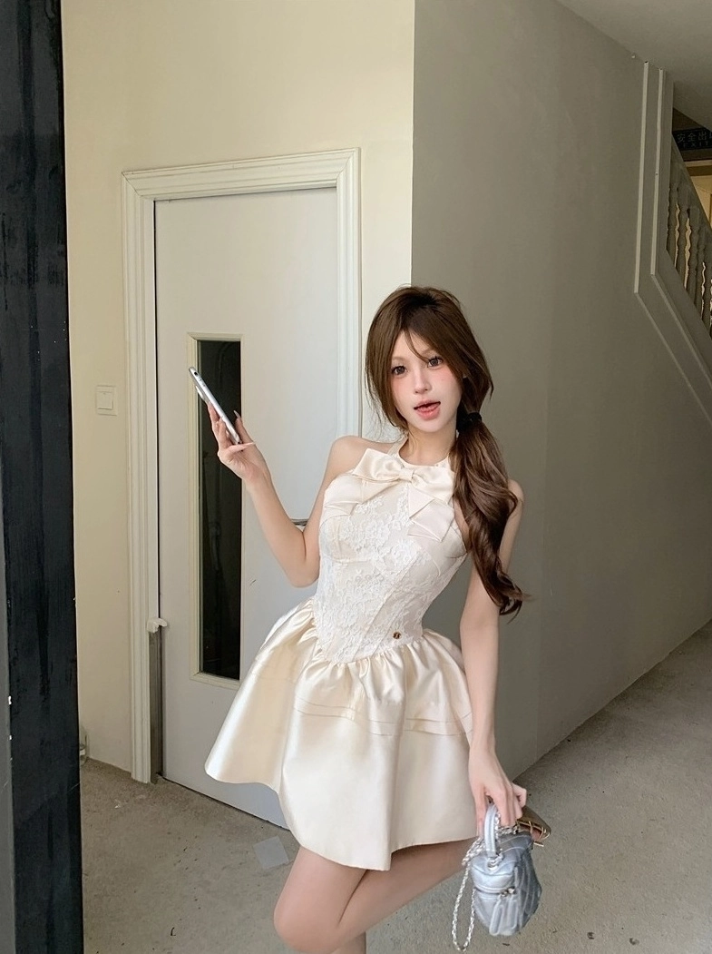 ワンピース Jozy ribbon flare mini dress beige ANDMARY】Jozy ribbon flare mini dress