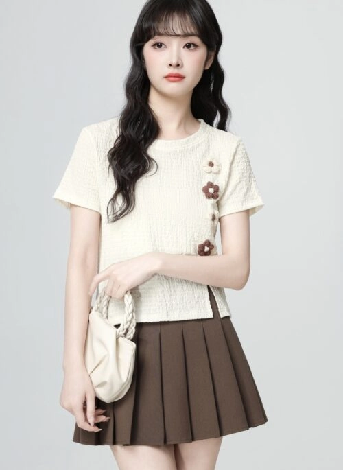Beige Floral Loose Fit Split Hem Short Sleeve Top