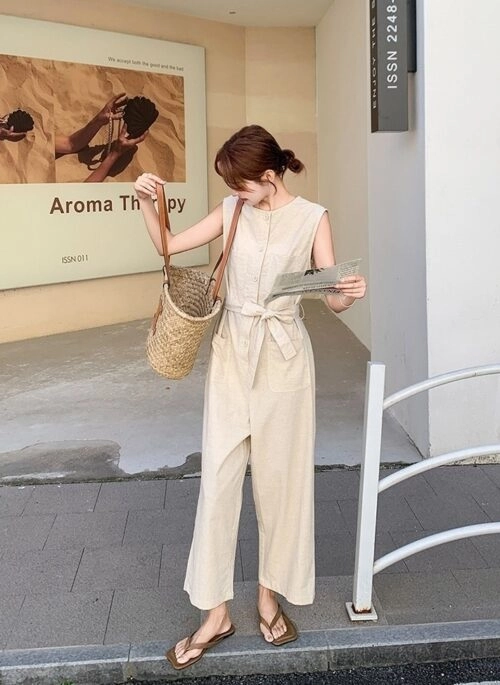 Beige Sleeveless Casual Slimming Jumpsuit