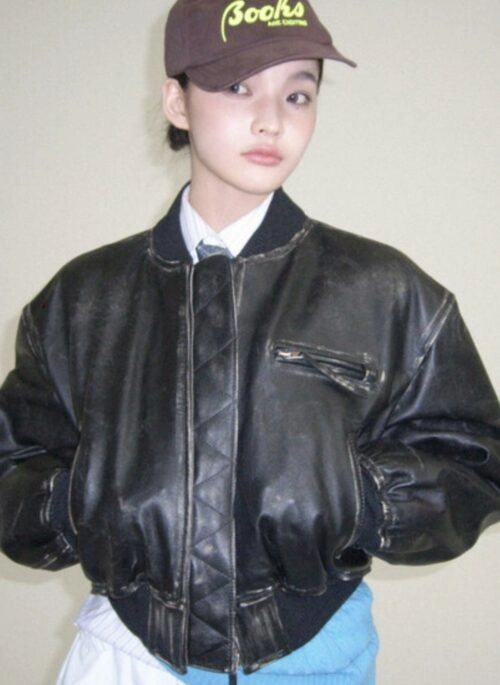 Black Embossed Panel Faux Leather Jacket | Winter - Aespa