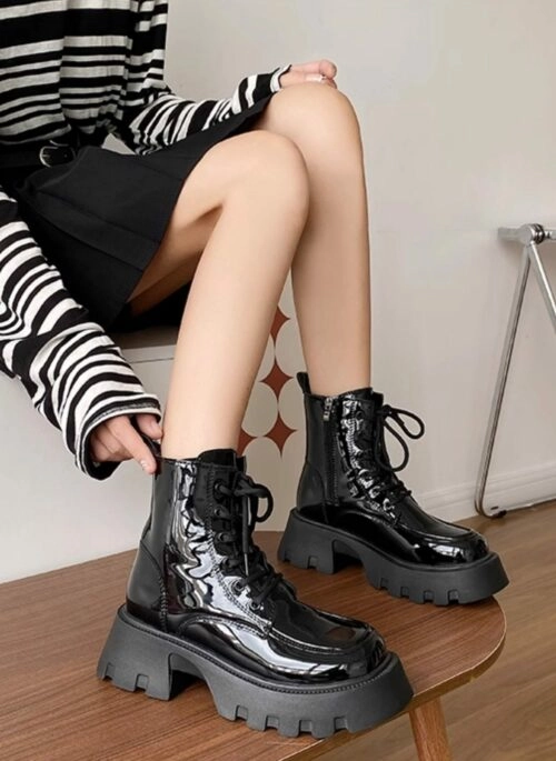 Black Glossy Faux Leather Combat Boots | Yuna – ITZY