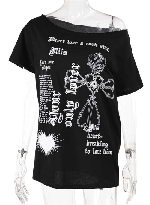 Black Gothic Print Asymmetrical T-Shirt | Karina – Aespa