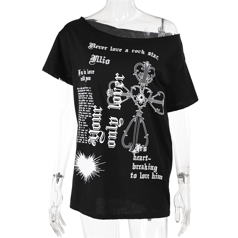 Black Gothic Print Asymmetrical T-Shirt | Karina - Aespa - Fashion