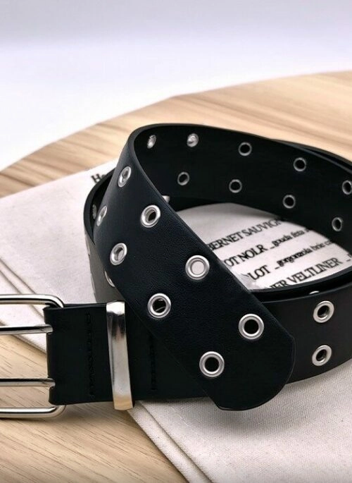 Black Layered Eyelet Faux Leather Belt | Heeseung – Enhypen