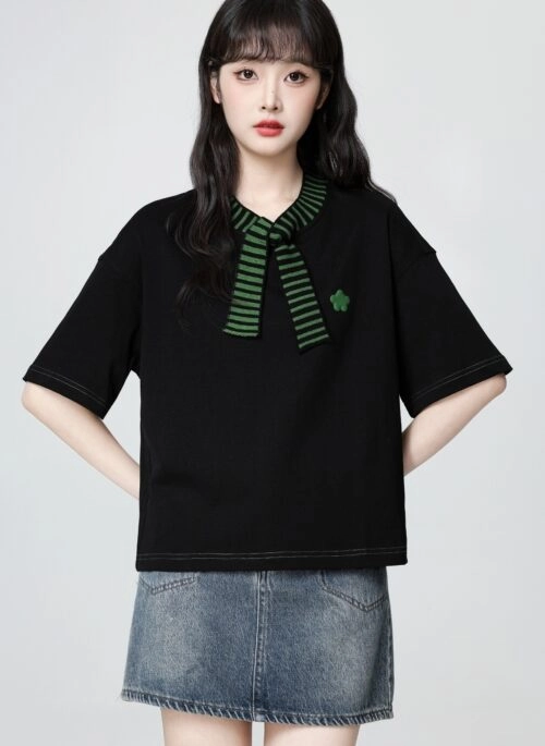 Black Striped Collar Short Sleeve Casual Loose Top