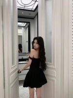 Black Vintage Pearl Chain Off-Shoulders Mini Dress | Jennie