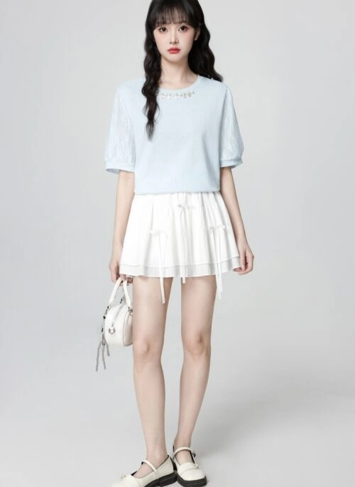 Blue Crew Neck Casual Loose Fit Short Sleeve Top
