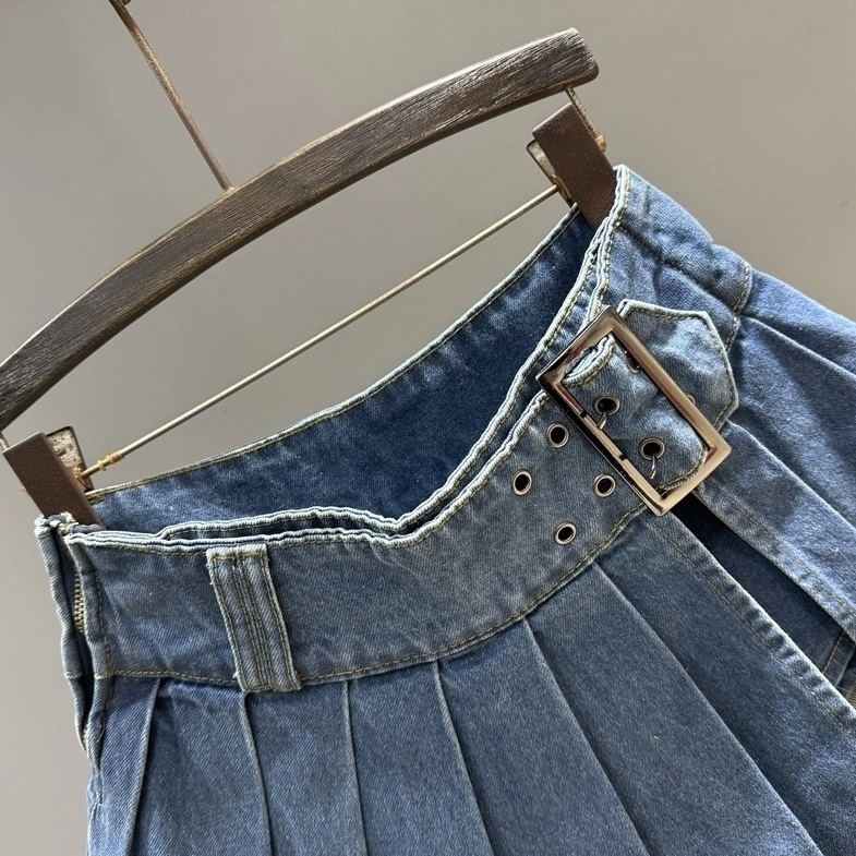 【U LAN】On Me Pleats Denim Skirt Asymmetrical denim skirt Blue For Women | Maje