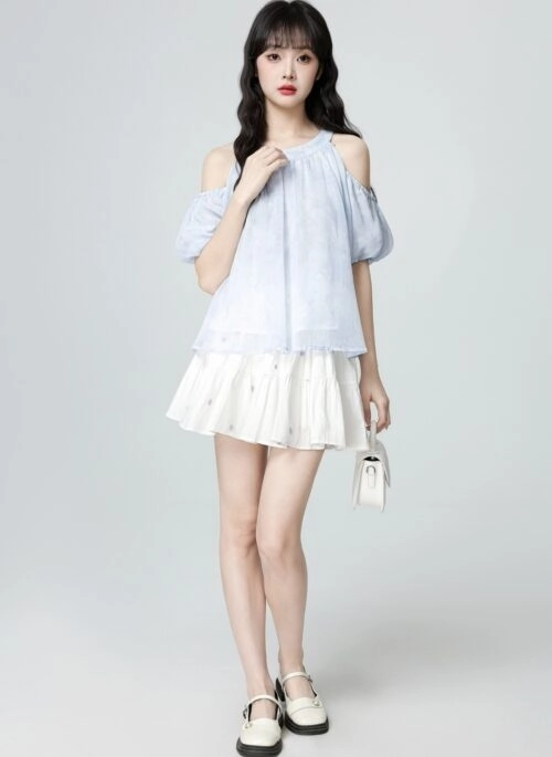 Blue Off Shoulder Puff Sleeve Blouse