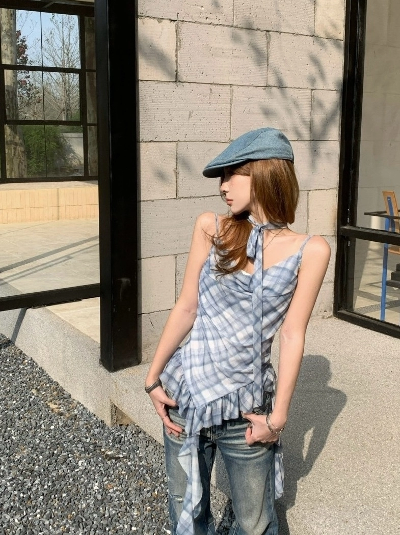 Blue Plaid Frilled Sling Top | Chiquita - BabyMonster - Fashion Chingu