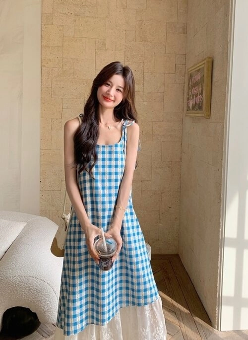 Blue Plaid Lace Trim Midi Sundress