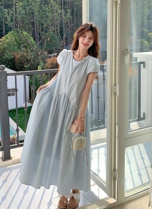 Blue Puff Sleeve Elegant Summer Dress For Vacation