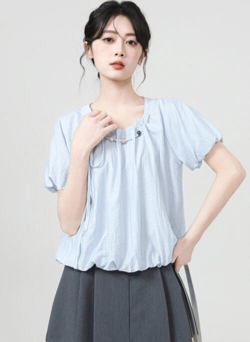 Blue Puff Sleeve Tie Front Short Sleeve Shirt