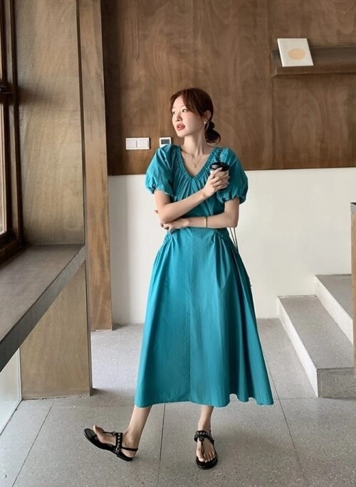 Blue Puff Sleeve V Neck Vacation Dress