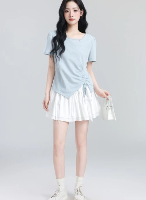 Blue Ruched Split Hem Short Sleeve Top