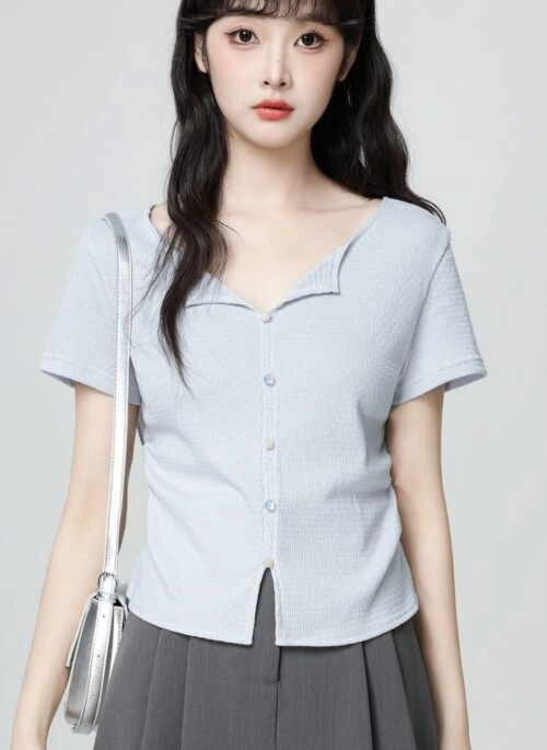 Blue Ruched V Neck Short Sleeve Split Hem Top