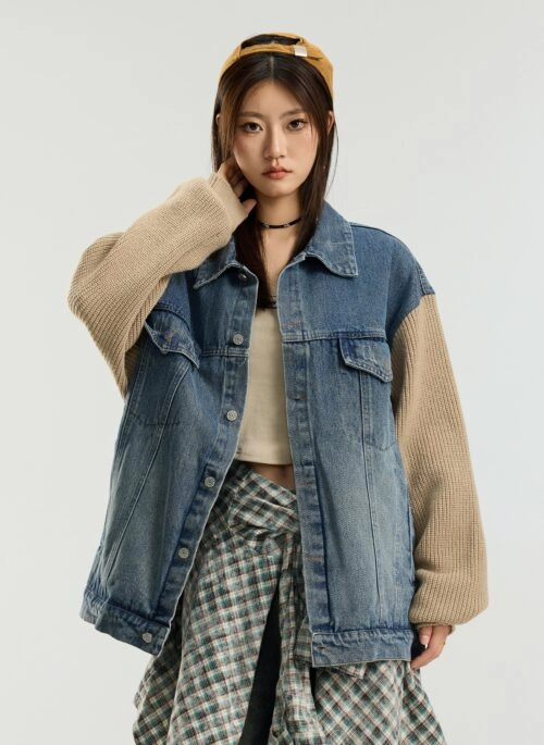 Blue Spliced Denim Jacket With Knit Sleeves | Jay - Enhypen