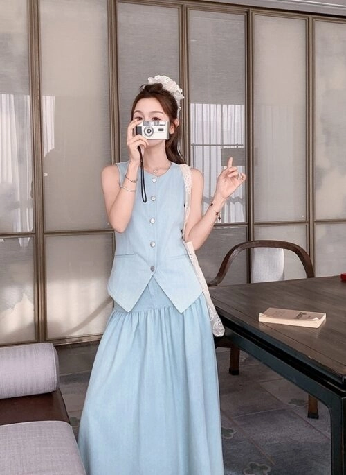 Blue Vest And Skirt Casual Two Piece Set