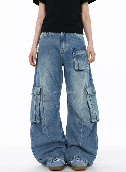 Blue Vintage Wash Oversized Cargo Jeans | Ruka – BabyMonster