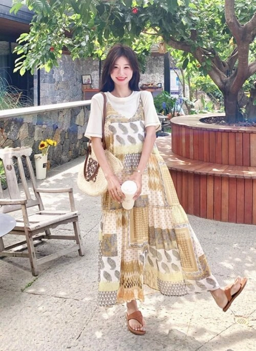 Bohemian Floral Patchwork Dress With T Shirt Set
