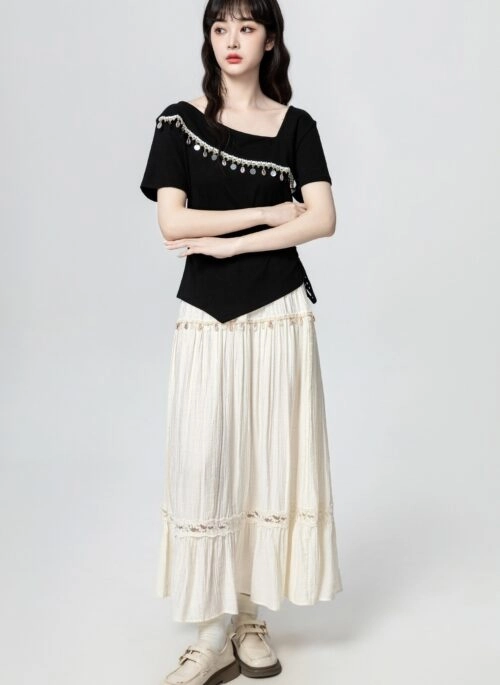 Bohemian Lace Trim High Waist Midi Skirt