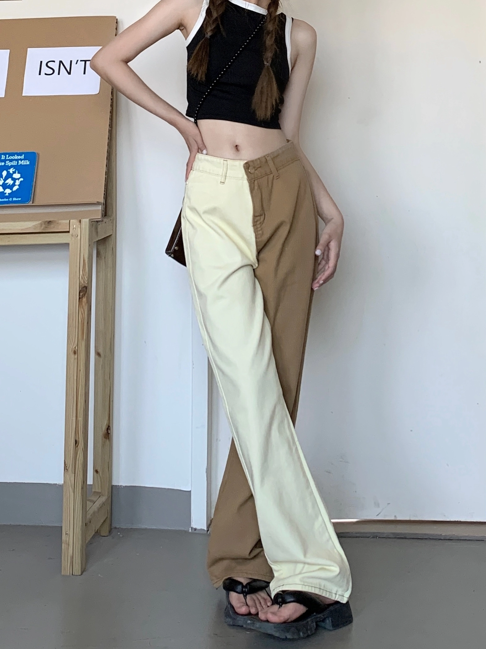 【BAON】Socif line color matching denim banding pants LAPRBY Women's Printed Colorblock Patchwork High Waisted
