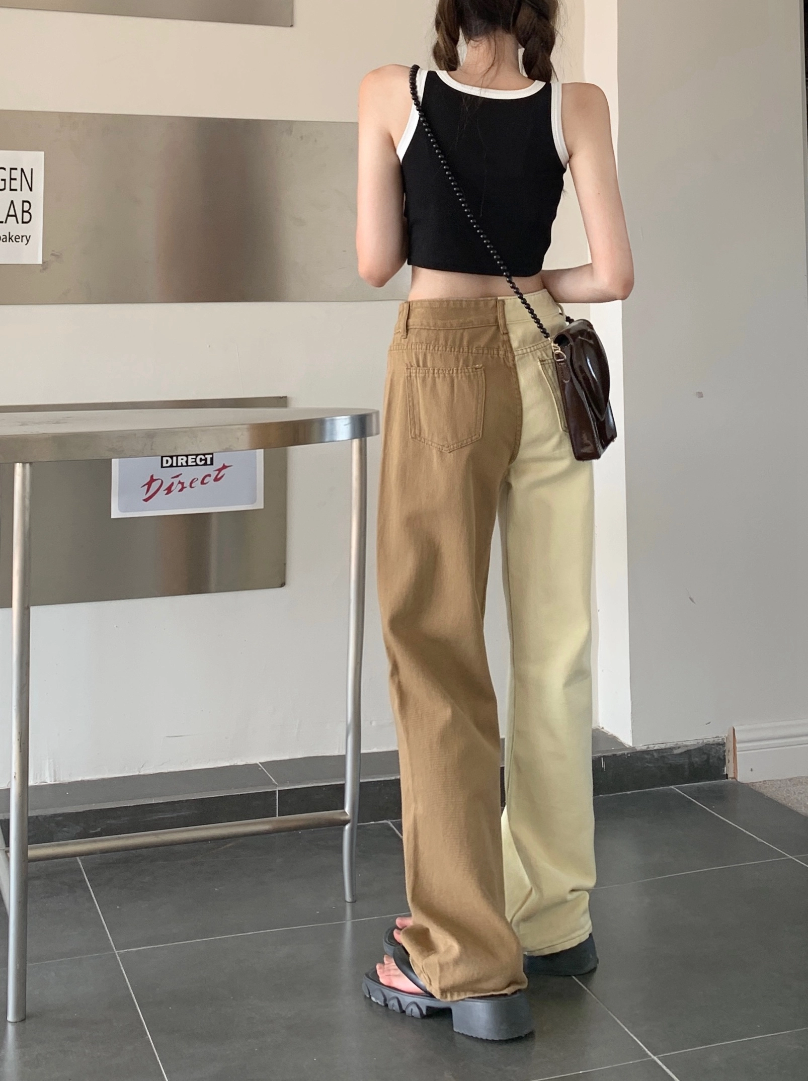 【BAON】Socif line color matching denim banding pants LAPRBY Women's Printed Colorblock Patchwork High Waisted