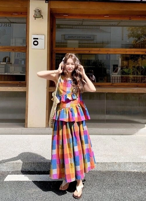 Color Block Plaid Sleeveless Top And Skirt Set