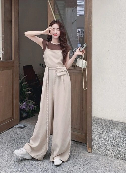 Cream Wide Leg Suspender Pants Casual Outfit Set