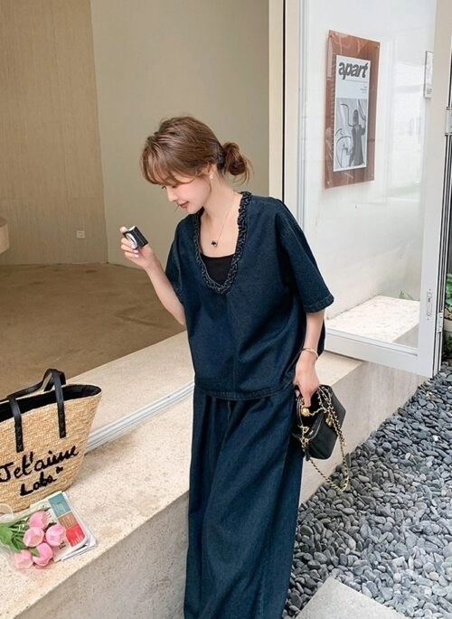 Denim Top And Wide Leg Pants Casual Outfit